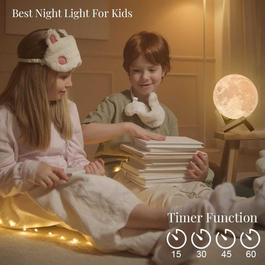 3D Printed Moon Lamp with Wooden Stand – RGB Remote Control & Timer