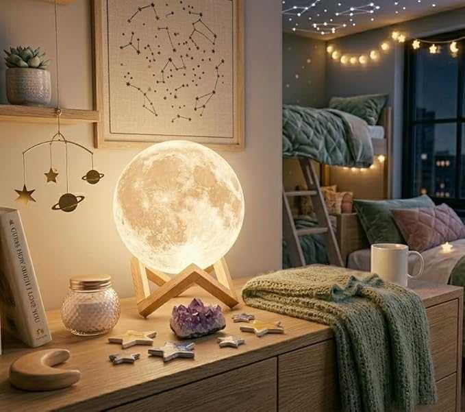 3D Printed Moon Lamp with Wooden Stand – RGB Remote Control & Timer