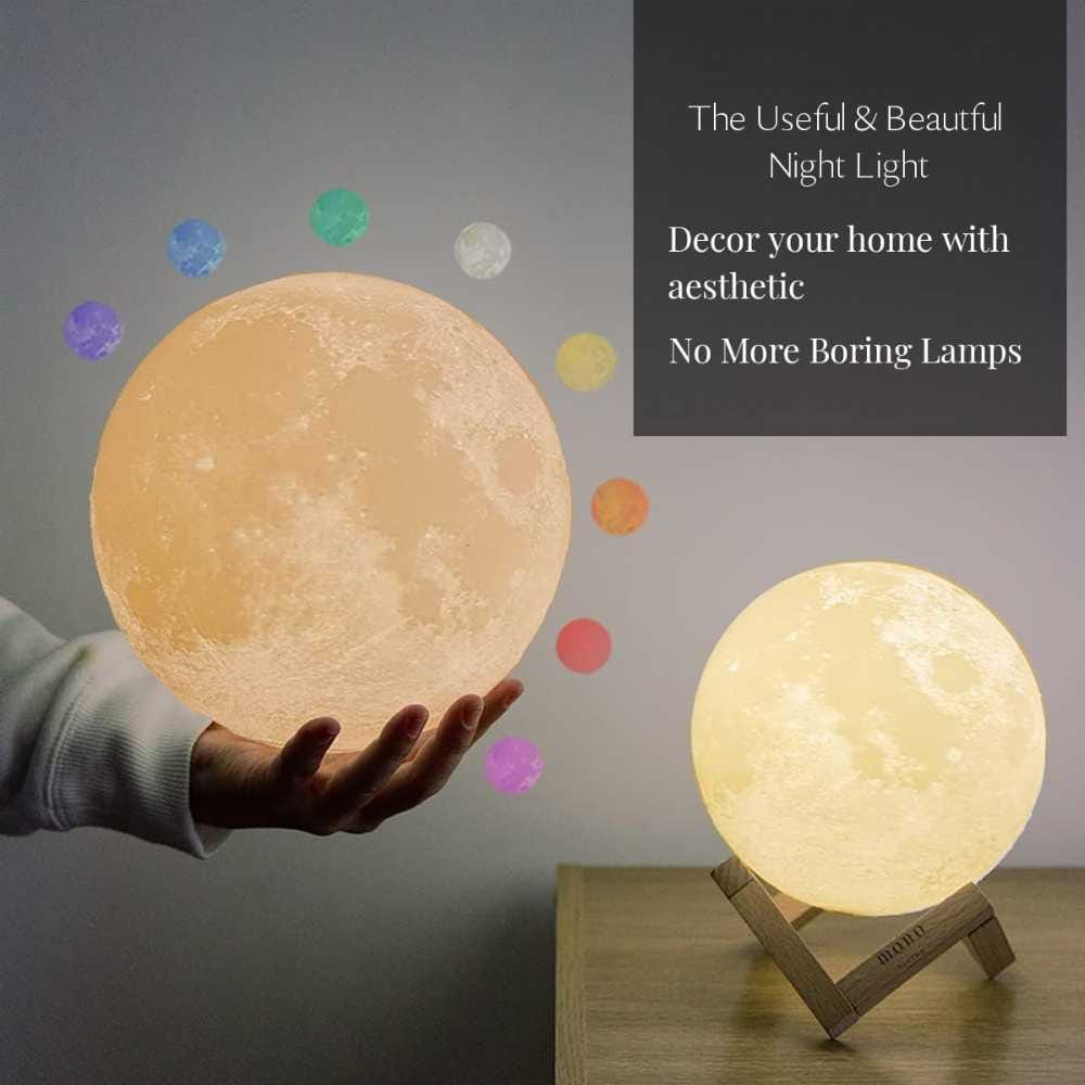 3D Printed Moon Lamp with Wooden Stand – RGB Remote Control & Timer