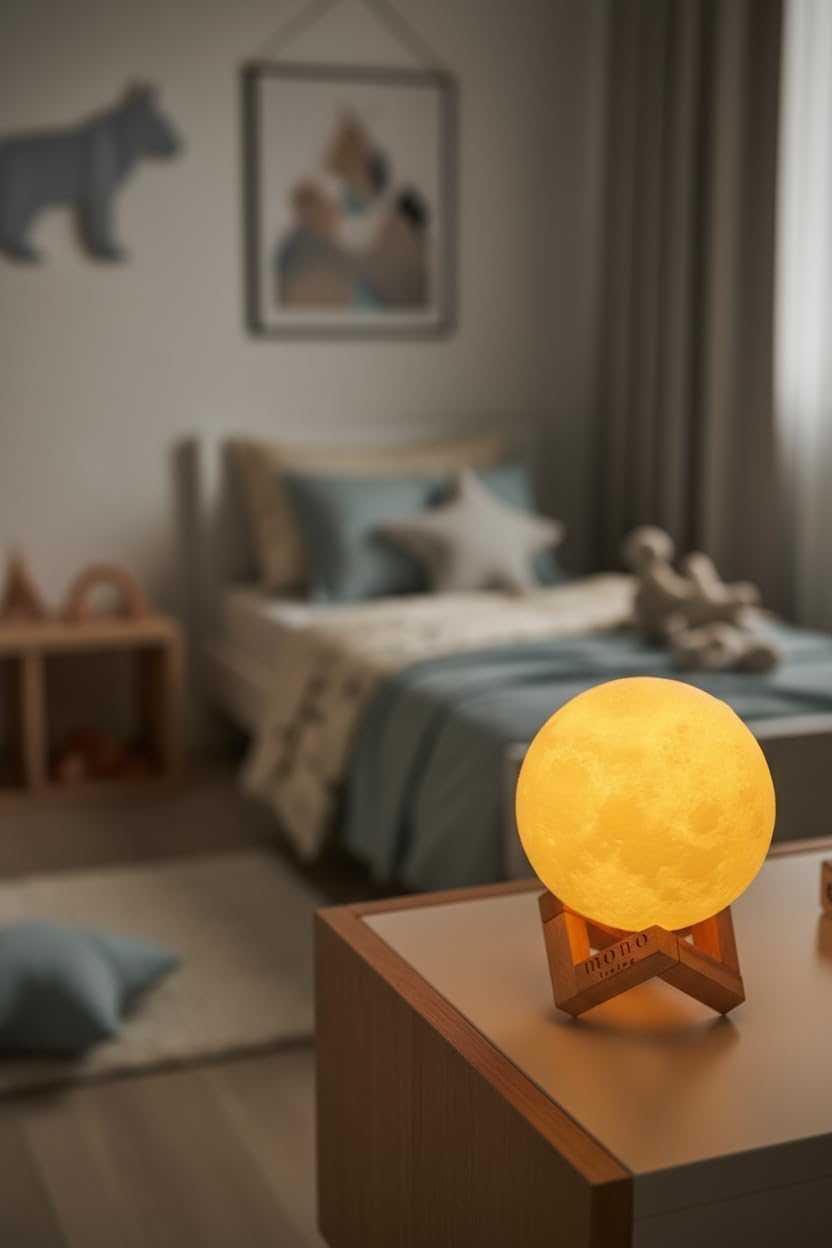 3D Printed Moon Lamp with Wooden Stand – RGB Remote Control & Timer