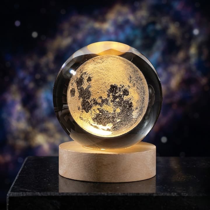 3D Galaxy Moon Crystal Ball Lamp – Wooden LED Base Night Light