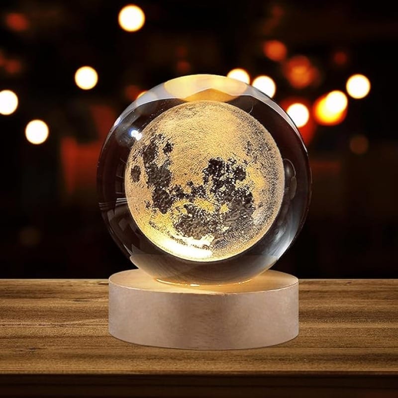 3D Galaxy Moon Crystal Ball Lamp – Wooden LED Base Night Light