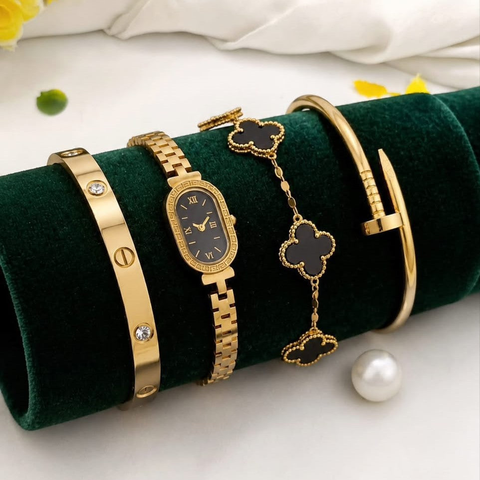 Stainless Steel 4 Piece Bracelet, Watch & Bangle Combo Set