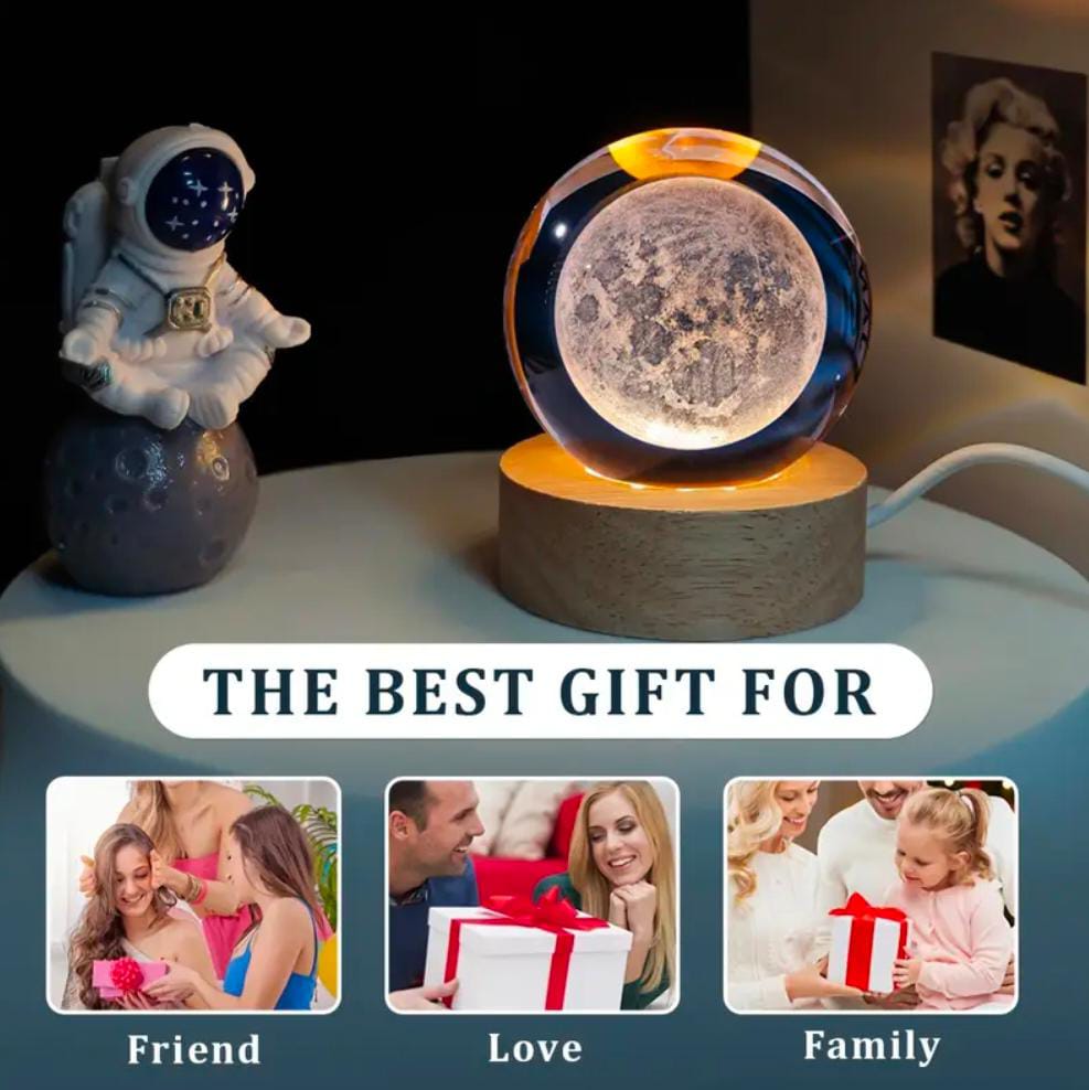 3D Galaxy Moon Crystal Ball Lamp – Wooden LED Base Night Light