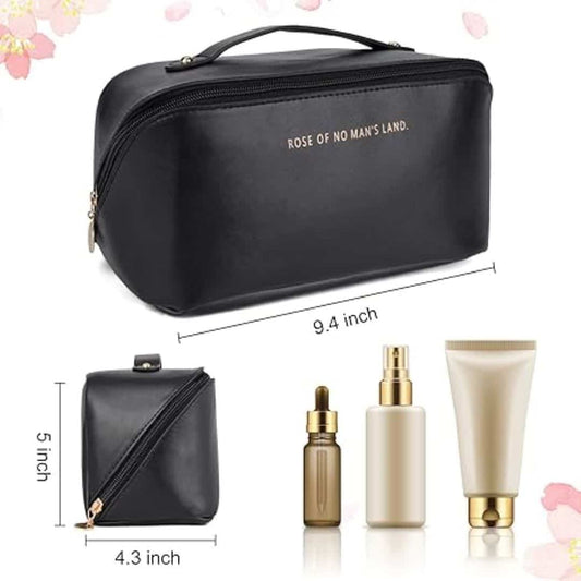 Large Capacity Travel Cosmetic Bag | Leather Material | Zipper Closure | Makeup & Toiletry Organizer ~ Synthetic leather