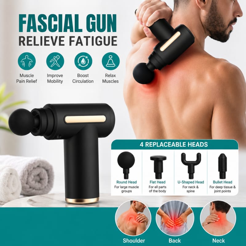 Portable 5-in-1 Electric Massage Gun | Deep Tissue Muscle Massager | 6 Speeds | 4 Heads