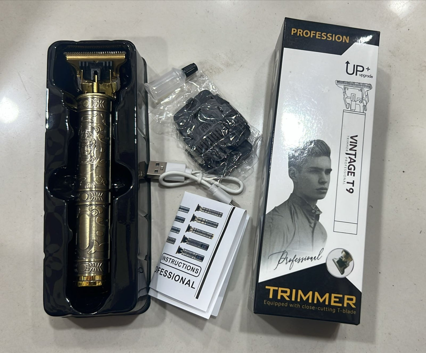 Vintage T9 Metal Body Hair Trimmer for Men – USB Rechargeable Professional Hair Clipper | Precision Beard, Hair & Detailing Grooming Tool